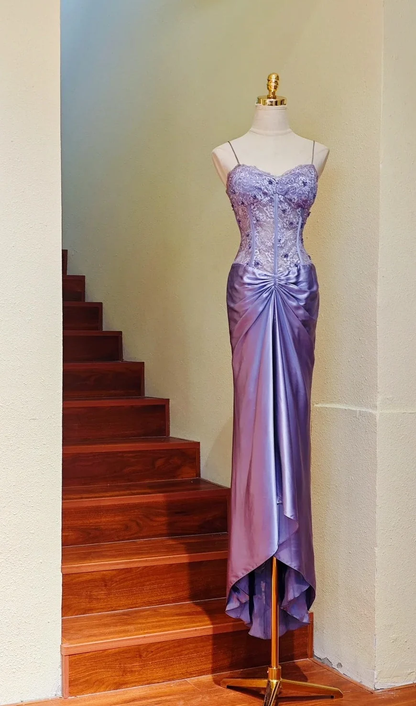 Beauty Spaghetti Straps Purple Satin Pleated Birthday Party Dress Long Prom Gown SP3838