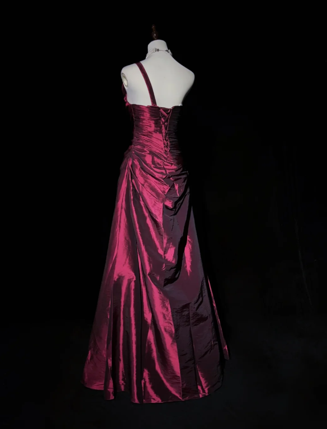 Retro One Shoulder Burgundy Satin Pleated Long Prom Dress Evening Gown SP1968