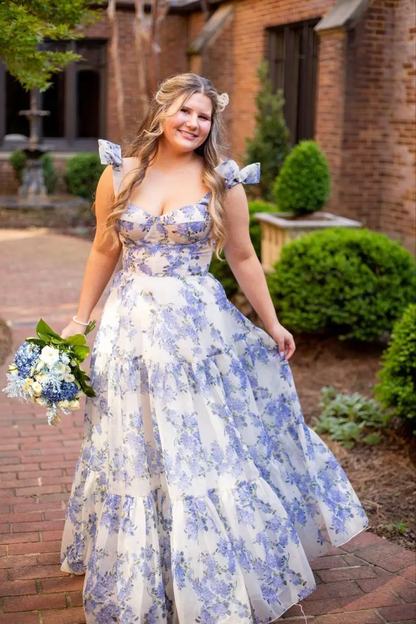 Blue Flower Pattern Prom Dress Spaghetti Strap Princess Formal Occasion Dresses A-line Party Dress Y2722