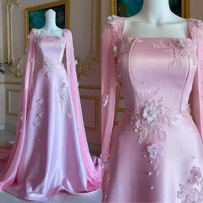 Luxury Pink Satin Long A Line Evening Dress Pretty Appliques Prom Dress  Y7591