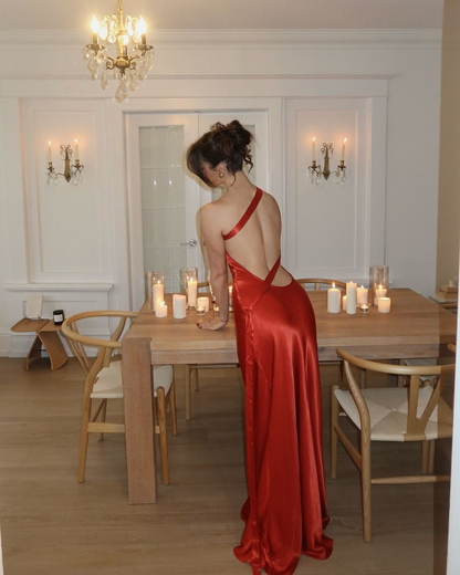 Elegant One Shoulder Backless Red Satin Long Evening Dress Formal Guest Dress SP258