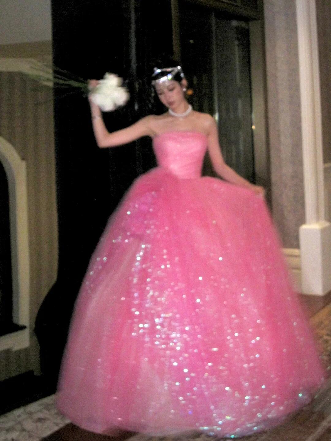 Glitter Pink Strapless Tulle Sequin Long Birthday Prom Dress Party Gown SP3911