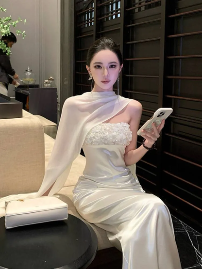 Elegant White Strapless Satin Floral Sheath Long Evening Dress Birthday Dress With Scarf SP2290