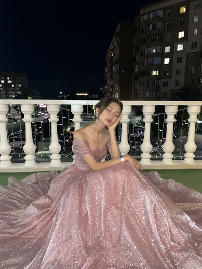 Classy Off The Shoulder Pink Tulle Sequin A Line Long Party Dress Birthday Prom Dress SP4304