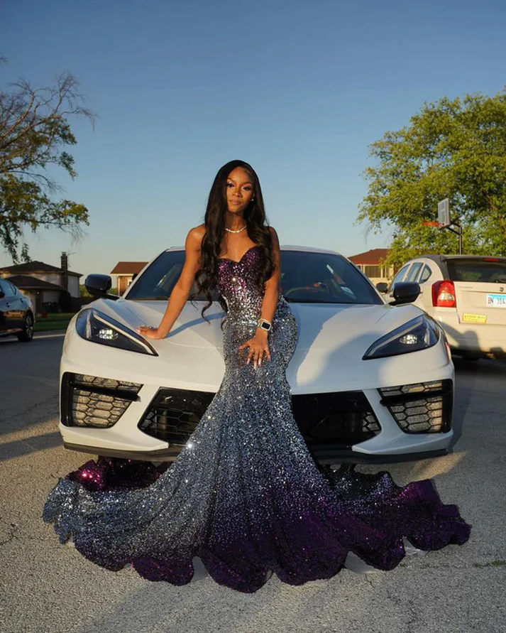 Long Sparkly Prom Dresses Gorgeous Sweetheart Sexy Mermaid Silver and Purple Sequin Black Girls Prom Party Gowns  Y4250