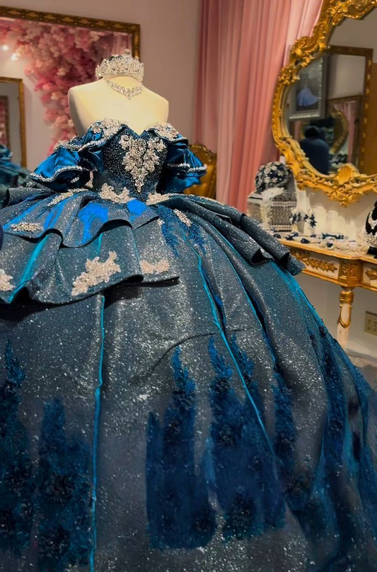 Sparkly Off The Shoulder Satin Sequin Beaded Appliques Blue Formal Quinceanera Dress Ball Gown SP746