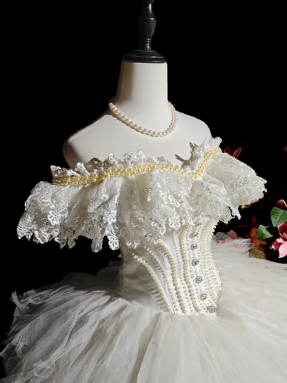 Elegant Off The Shoulder Lace Tulle Pearls Beaded Short Birthday Dress,White Mini Homecoming Dress SP2715