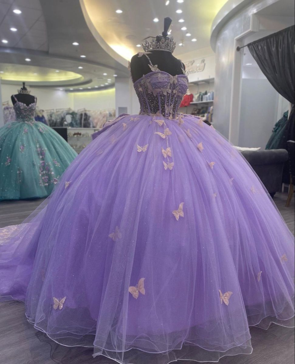Purple Tulle Ball Gown With Butterflies,Sweet 16 Dress,Purple Princess Dress Y2270