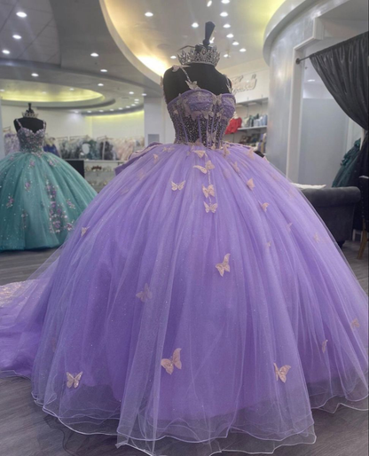 Purple Tulle Ball Gown With Butterflies,Sweet 16 Dress,Purple Princess Dress Y2270
