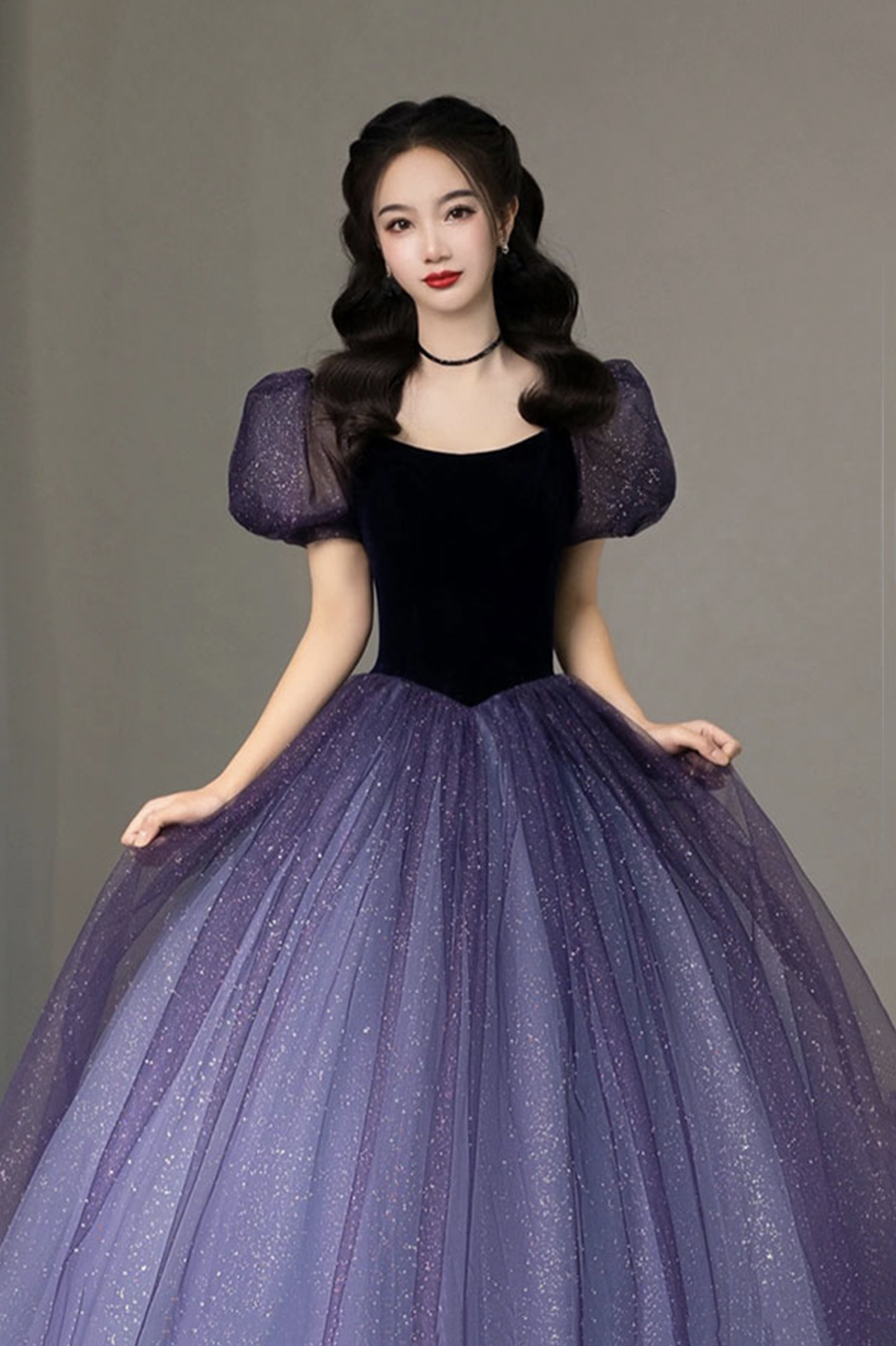 Purple Tulle Short Sleeve Formal Dress, Cute A-Line Evening Dress Y4291
