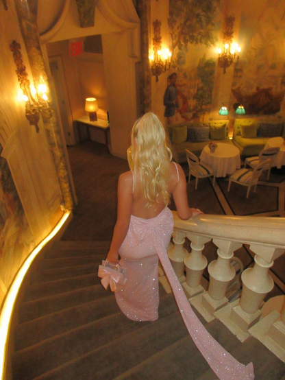 Elegant Pink Spaghetti Straps Sequin Mermaid Prom Dress,Backless Long Party Gown With Bow SP2965