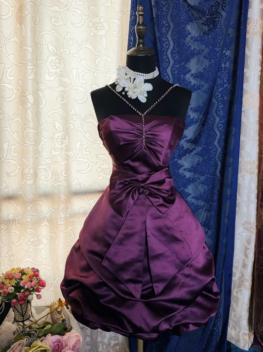 Vintage Purple Satin Bow Pleated Short Homecoming Dress Cocktail Dress With Beads SP2191