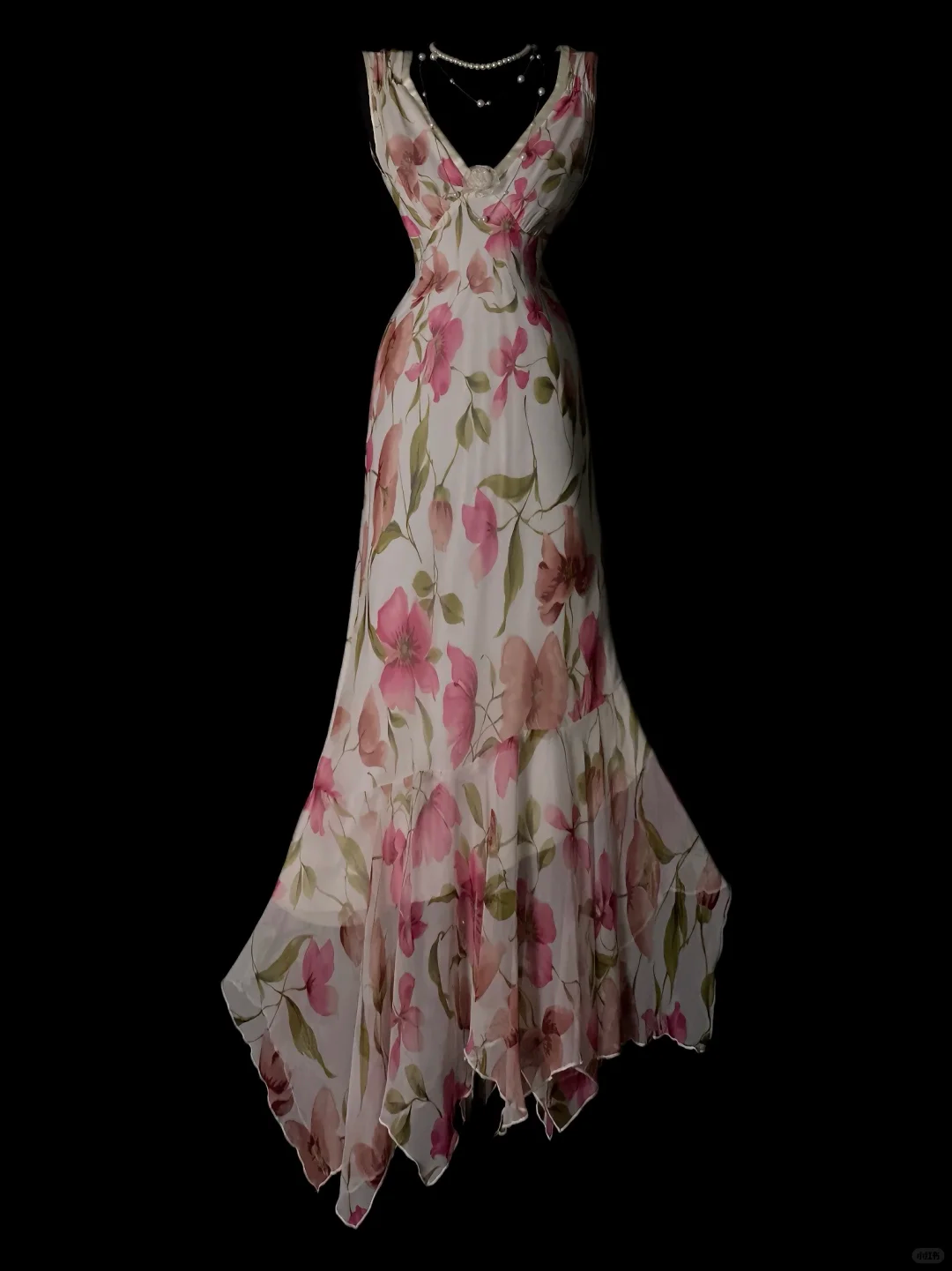 Charming Pink V Neck Chiffon Print Floral Ruffles Mermaid Long Prom Dress Party Dress SP4076
