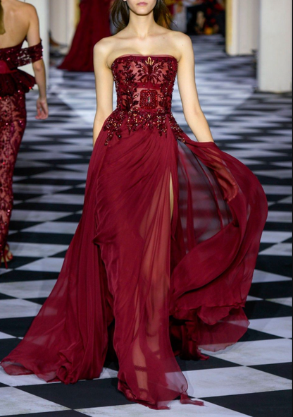 Gorgeous Strapless Burgundy Chiffon Beaded Long Party Dress Prom Gown SP1077