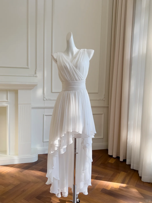 Elegant Sleeveless V Neck Chiffon Hi-Low Wedding Guest Dress,White Long Party Dress SP2575