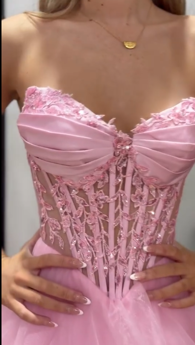 Pretty Sweetheart Tulle Layered Beaded Long Wedding Guest Dress,Pink Party Dress SP2678