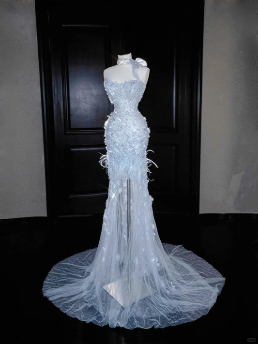 Dream Blue Tulle Beaded Appliques Long Prom Dress,Slit Mermaid Evening Dress Wedding Dress Y8668