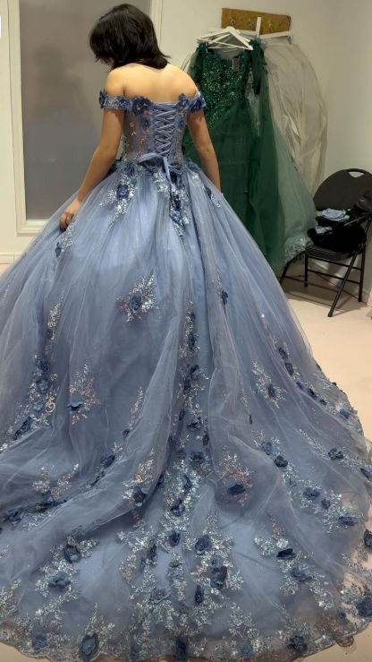 Charming Off The Shoulder Blue Tulle Sequin Floral Quinceanera Dress Sweet 16 Dress SP4286