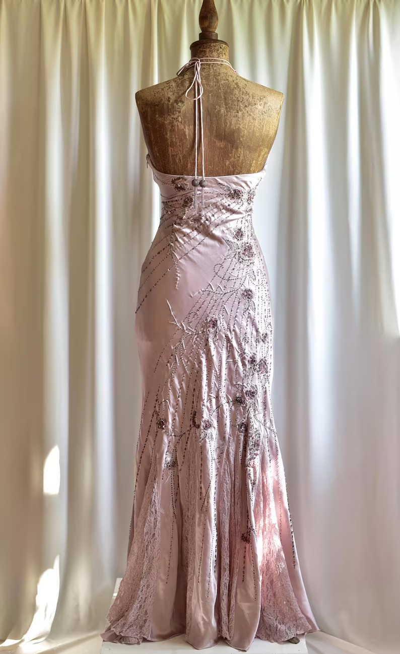 Elegant Halter V Neck Pink Satin Beaded Mermaid Evening Dress Backless Long Prom Dress SP467
