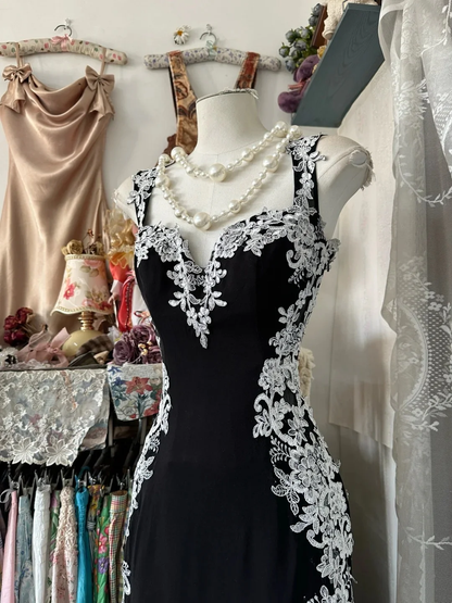 Retro Black Satin Lace Appliques Mermaid Party Dress Prom Dress SP671