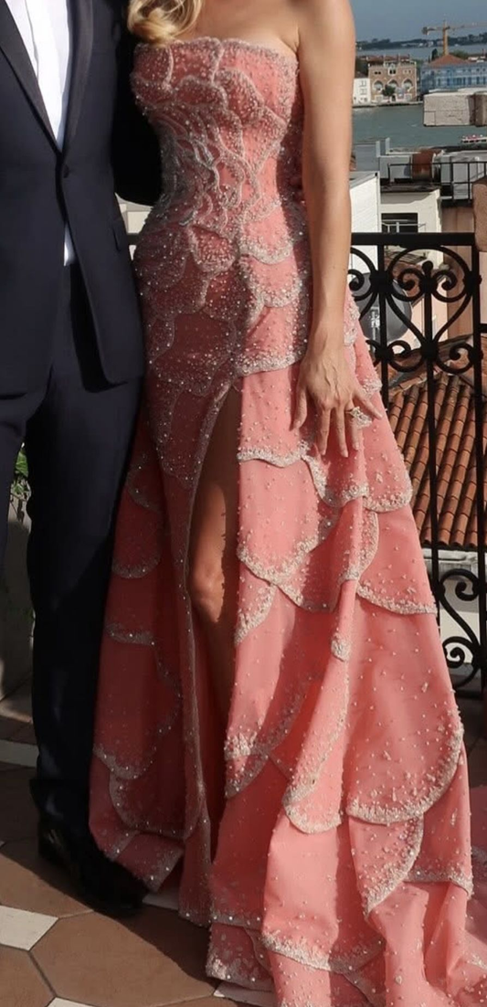 Gorgeous Pink Strapless Satin Sequin Beaded Mermaid Slit Long Prom Dress Formal Party Gown SP502