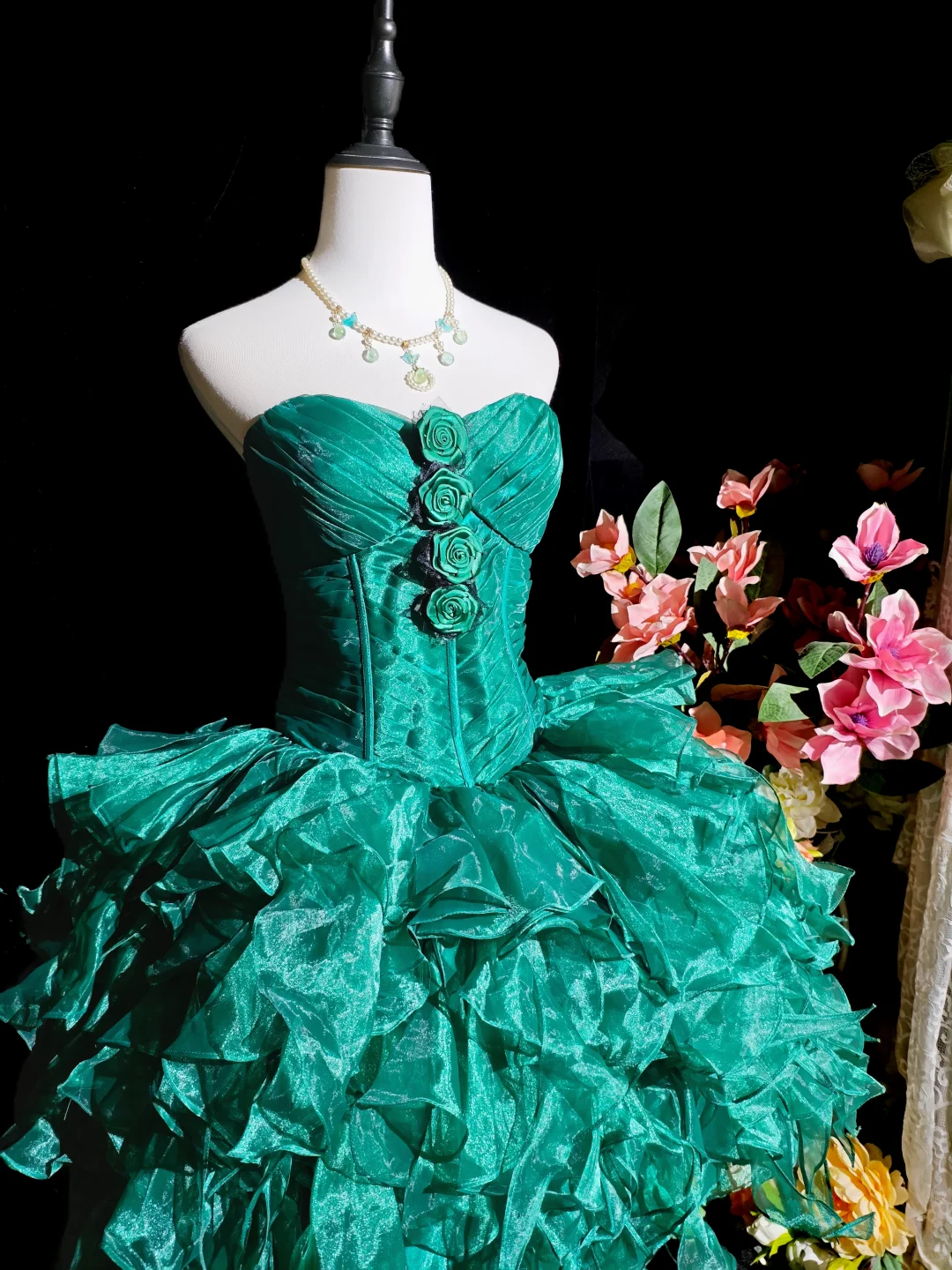 Unique Green Strapless Tulle Ruffle A Line Cocktail Dress,Short 9th Grade Homecoming Dress SP2714