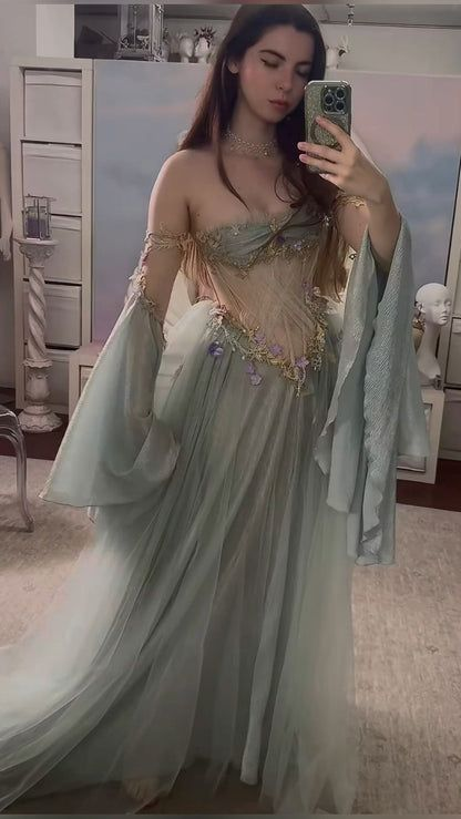 Elegant Off The Shoulder Tulle Appliques Evening Dress A Line Long Prom Dress Y8184