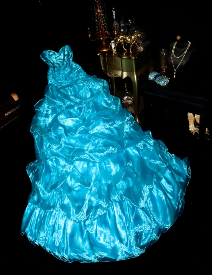 Elegant Strapless Blue Strapless Organza Beaded Mermaid Long Prom Dress Party Dress  SP950