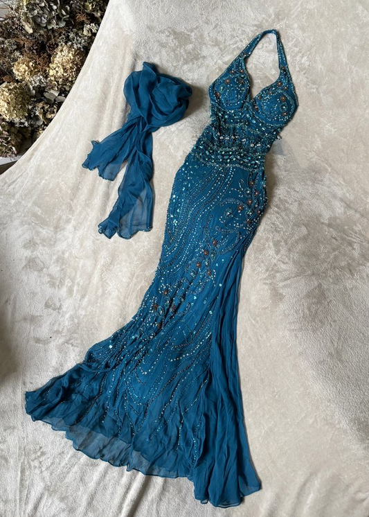 Vintage Halter Blue Chiffon Beaded Mermaid Long Party Dress Evening Dress With Ribbon SP4059