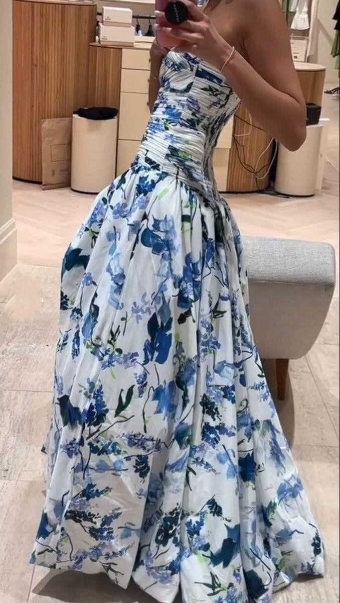 Pretty Strapless Blue Satin Print Floral Pleated Long Party Dress Prom Dress SP4018