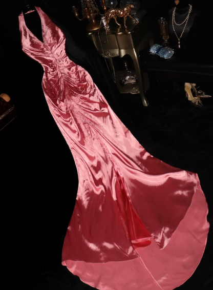 Cute V Neck Pink Halter Satin Beaded Mermaid Party Dress Long Wedding Guest Dress SP681