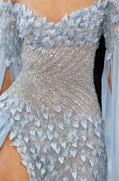 Glamorous Blue Chiffon Sequin Beaded Slit Mermaid Evening Dress Long Prom Dress SP533