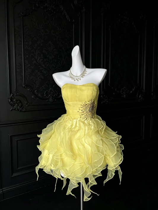 Charming Yellow Strapless Beaded Tulle Ruffles A Line Short Graduation Homecoming Dress Birthday Outfits SP3214