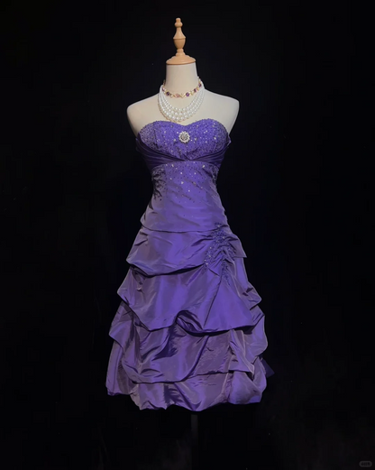 Classy Strapless Satin Pleated Beaded Mini Birthday Dress,Purple A Line Short 6th Grade Homecoming Dress SP2906