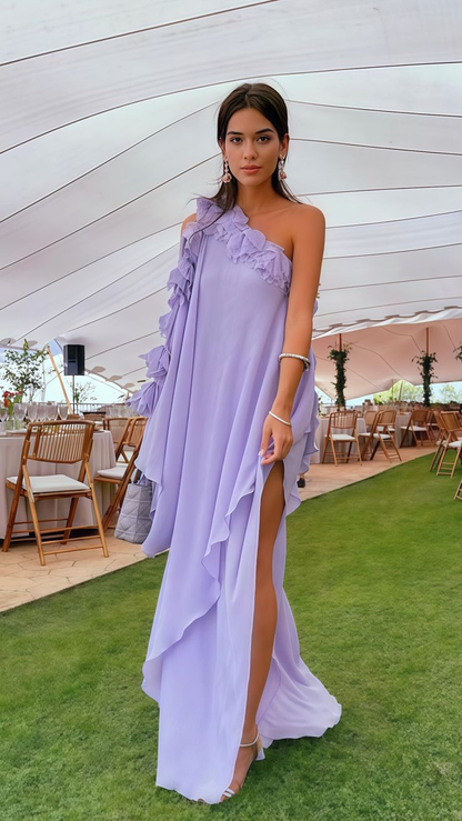 One Shoulder Lilac Chiffon Long Evening Prom Dress  Y7904