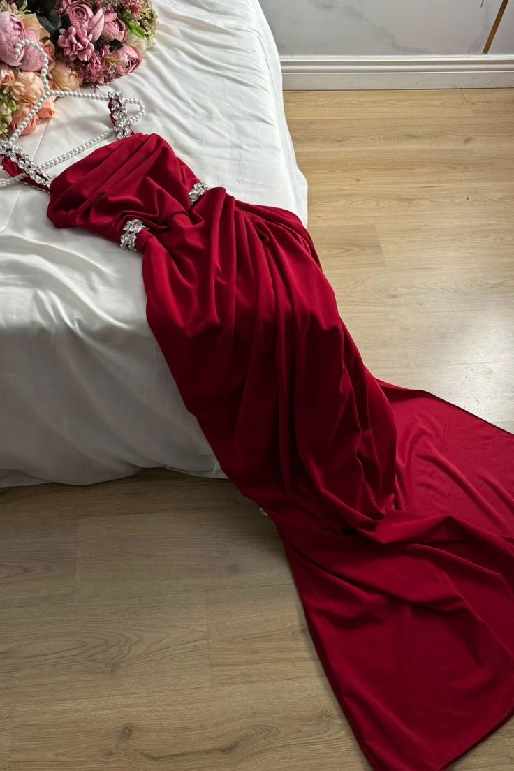Charming Spaghetti Straps Red Satin Beads Slit Long Prom Dresses Mermaid Evening Dress SP1007