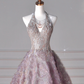 Glamorous Halter Purple Tulle Flowers Beaded Prom Dress,A Line Evening Dress Wedding Dress Y8625