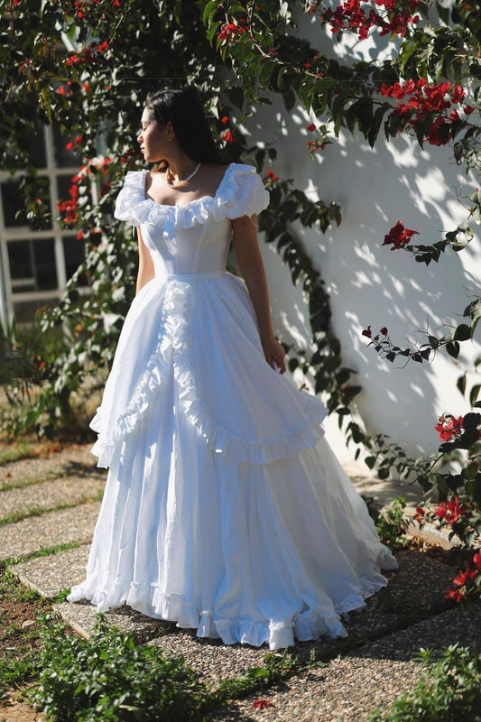 Vintage Off The Shoulder White Satin Ruffles Wedding Dress Long Bridal Dress SP2104