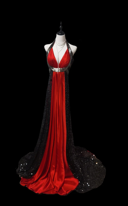 Unique V Neck Halter Red Satin Sequin Mermaid Long Evening Dress Formal Birthday Outfits SP611