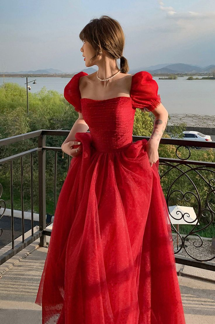 Pretty Red Tulle A Line Prom Dress Long Evening Dress Y7771