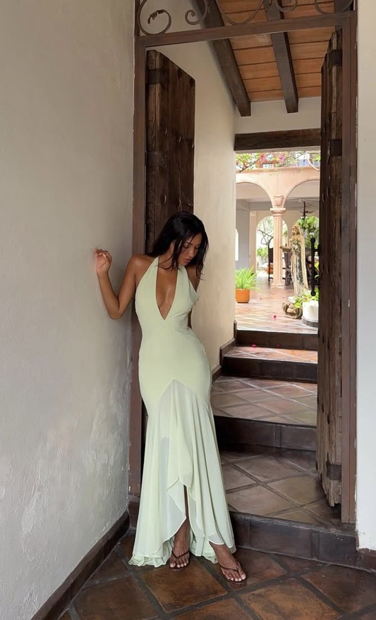 Charming Light Green V Neck Halter Chiffon Mermaid Evening Dress Long Wedding Guest Dress SP1057