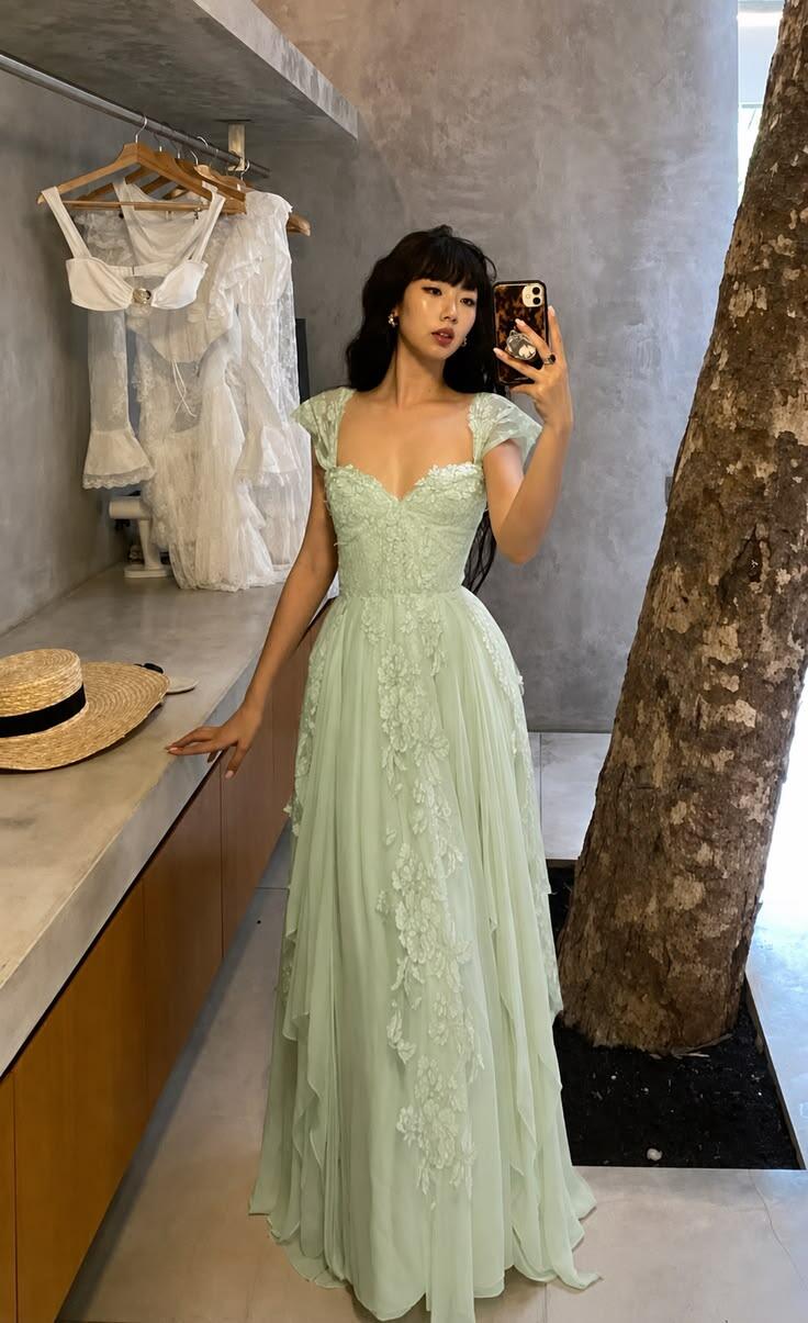 Glamorous Green Chiffon Lace Appliques A Line Long Party Dress Evening Dress SP4027