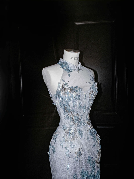 Dream Blue Tulle Sequins Appliques Mermaid Evening Dress,Long Prom Dress Y8673