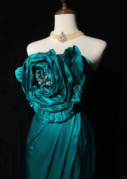 Unique Green Strapless Satin Sheath Cocktail Dress,Short 6th Grade Homecoming Dress With 3D Flower SP2921