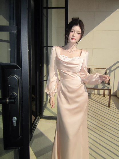 Sweet Lace Neck Pink Satin Mermaid Long Prom Dress Formal Evening Dress Birthday Dress SP1541
