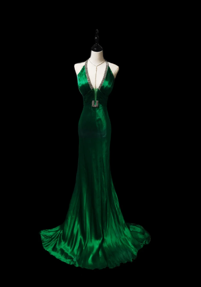 Trendy V Neck Green Satin Beaded Mermaid Evening Dress Long Prom Gown SP607