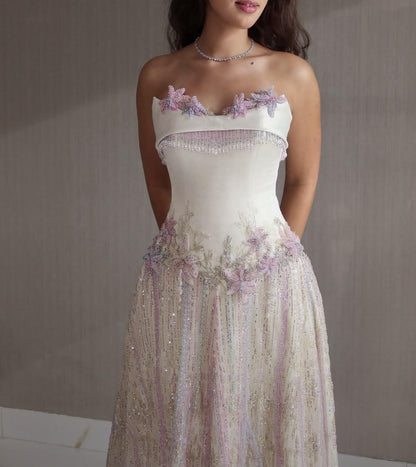 Sparkly White Satin Sequin Appliques Long Party Dress Strapless Evening Gowns SP4168