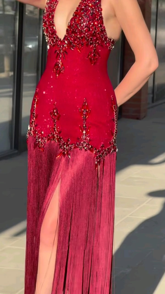Charming V Neck Satin Beaded Tassel Long Party Dress Red Long Birthday Prom Dresses SP3662