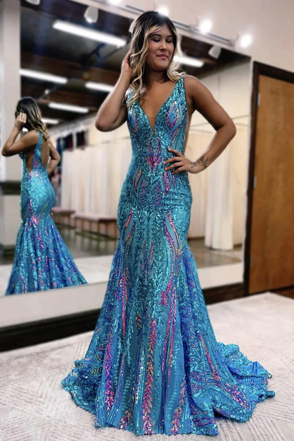 Gorgeous Mermaid V Neck Sequins Long Prom Dresses Y7186