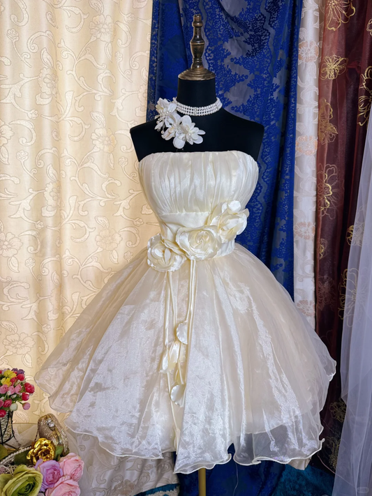 Sweet Light Champagne Strapless Organza 3D Floral A Line Short 17th Birthday Outfits Homecoming Dress SP2193